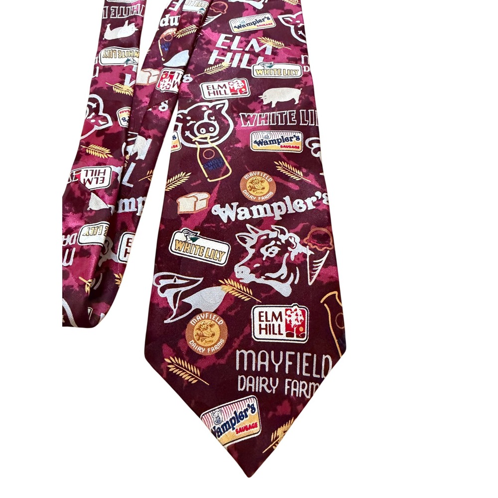 Wembley Mens Silk Tie Burgundy White Lily Wamplers Mayfield Dairy Elm Hill Logo